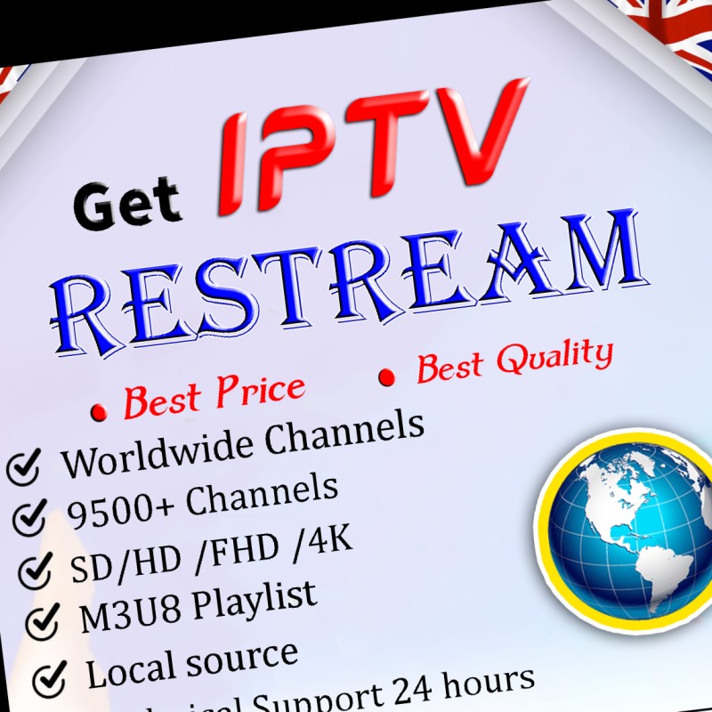 IPTV restreaming service displaying different channels and programs on a TV